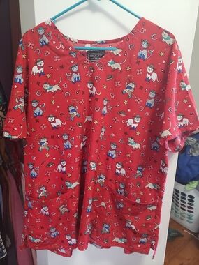 Cherokee Red Women's Scrub Top with Whimsical Cat Cowboy Print